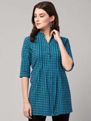 Hive91 Casual 3/4 Sleeve Checkered Women Black, Light Blue Top