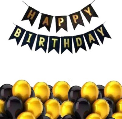 Prihit Solid Balloon Banner Black Set with 30 HD Metallic Balloons Black & Gold Balloon(Gold, Black, Pack of 31)