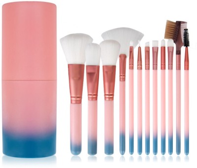 BELLA HARARO Professional 12 Piece Face and Eye Makeup Brush Set With Storage Barrel - Pink & Blue(Pack of 12)