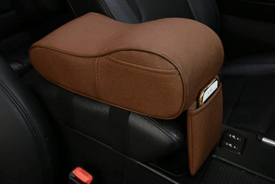 Automaze Center Console Armrest Thick Cushion,Soft Memory Foam PU Leather Height Arm Rest Pad with Phone Pocket Storage Bag (With Front & Side Pockets, Brown) Car Armrest Pad Cushion