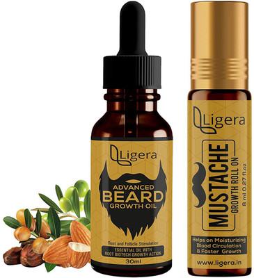 Ligera Advanced Beard Growth Oil With Moustache Growth Oil Roll-On Combo| Faster Beard and Mustache Growth For Men(2 Items in the set)