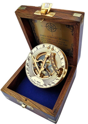 Ascent India Brass Round Sundial Compass with Wood Box Collectible Gift Compass(Gold, Brown)