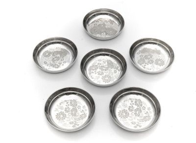 KECHZY Premium Collection Stainless Steel Halwa Plate Dish/Small Halwa Plates with Superior Mirror Finish/Permanent Laser Print Floral Design Dessert Serving Pudding Plate, 11 Cm Dia (Set of 6) Chutney Plate(Pack of 6, Microwave Safe)