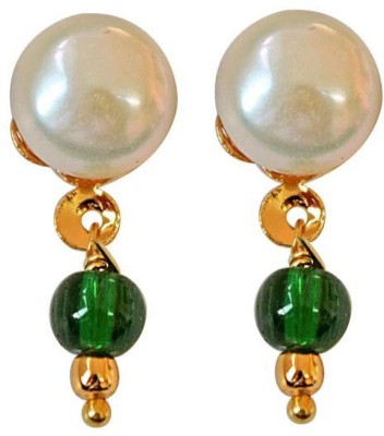 SURAT DIAMONDS Green Delight - Button Pearl Studs with Dangling Green stone Earrings for Women (SE157) Pearl Metal Drops & Danglers