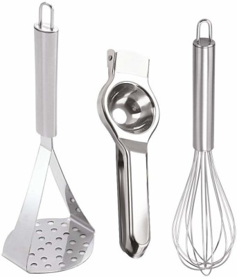 NOHUNT 3Pcs Stainless Steel Combo of Stainless Steel Ergonomic Design Potato Masher with Long Handle, With New Heavy Stainless Steel Manual Press Lemon Squeezer Orange Citrus Hand Press Juicer And Steel Hand Blender Mixer Froth Whisker Latte Maker for Milk Coffee Egg Beater Juice Kitchen Tool Set(Si