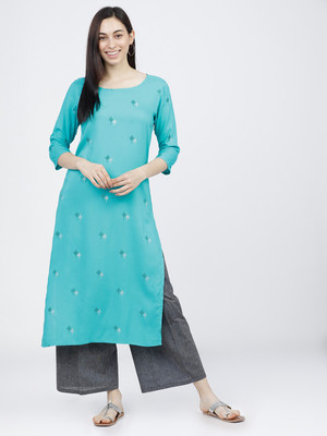 Vishudh Women Printed Straight Kurta(Light Blue)