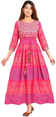 DAZZLE HUB Women Embroidered Flared Kurta(Pink)