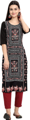 EthnicBasket Women Printed Straight Kurta(Black)
