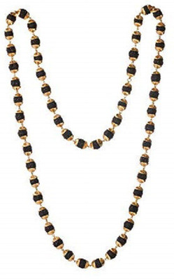 ADOWIK Brass Long Chain and 54 Stone 5 Mukhi Rudraksha Golden Cap Mala Wood Chain