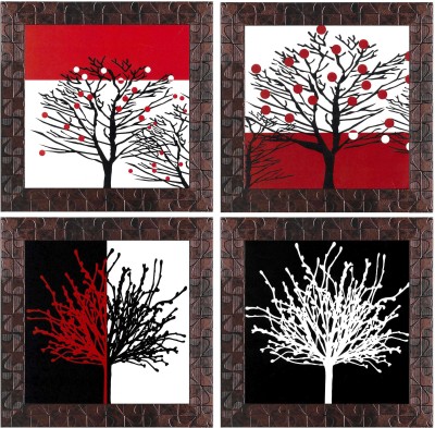 Indianara Set of 4 Colorful Abstract Modern Leaves Framed Wall Hanging Laminated Paintings Matt Art Prints 9.5 inch x 9.5 inch each without Glass (777GBNN) Digital Reprint 9.5 inch x 9.5 inch Painting(With Frame, Pack of 4)