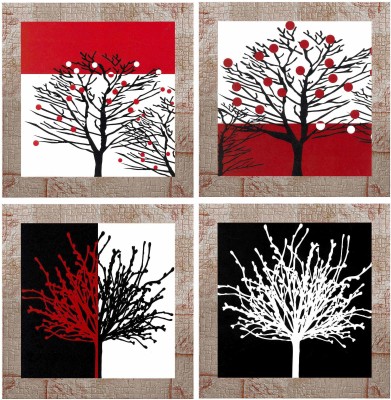 Indianara Set of 4 Colorful Abstract Modern Leaves Framed Wall Hanging Laminated Paintings Matt Art Prints 9.5 inch x 9.5 inch each without Glass (777MR) Digital Reprint 19 inch x 19 inch Painting(With Frame, Pack of 4)