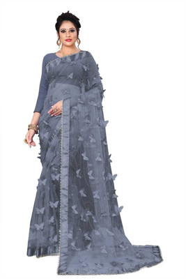 Ct with Charbhuja Textiles Applique Bollywood Net Saree(Grey)