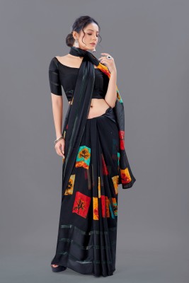 Dwini Floral Print Daily Wear Georgette, Satin Saree(Black)