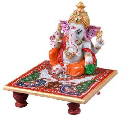Ishu handi artistic Marble Chowki Pagdi Ganesha Statue for Home Decor showpiece Ganesh Figurine 4 x 4 x 2 inch (10.16 x 10.16 x 5.08 cm) Handpainted, Makrana, Decorative, Gift Item, Showpiece Decorative Showpiece  -  10.16 cm(Marble, Multicolor)