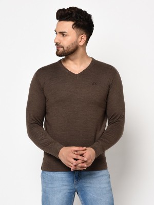 98 Degree North Solid V Neck Casual Men Brown Sweater