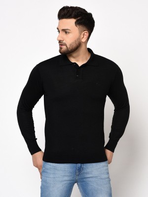 98 Degree North Solid Collared Neck Casual Men Black Sweater