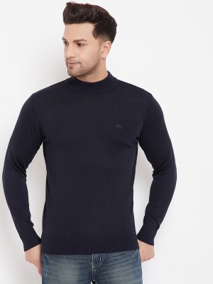 98 Degree North Solid Round Neck Casual Men Blue Sweater