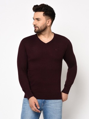 98 Degree North Solid V Neck Casual Men Maroon Sweater
