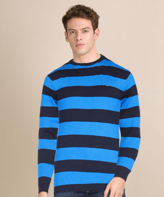 KILLER Striped Round Neck Casual Men Blue, Light Blue Sweater