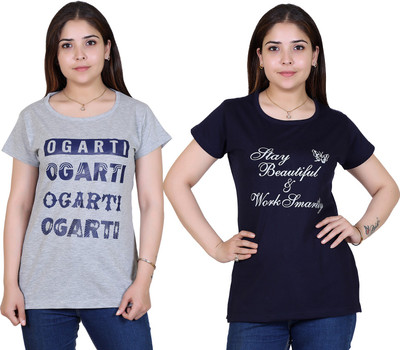 Ogarti Printed Women Round Neck Grey T-Shirt
