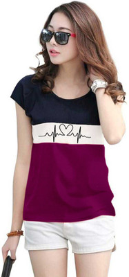 Gorofy Colorblock Women Round Neck Purple, Dark Blue, White T-Shirt