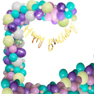 Prihit Solid Happy Birthday Banner Gold With 50 Pcs HD Pastel Balloon Multicolor (Pack of 51) Balloon(Multicolor, Pack of 51)