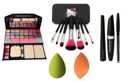 Rsentera Best combo eye shadow 6155 with 7pcs makeup brushes with 2 multicolour sponge puff and 3in1 eye liner and maskara(11 Items in the set)