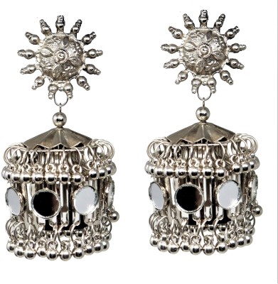 Happy Stoning Designer Mirror Large Oversized Jhumka Earrings for Women & Girls German Silver Jhumki Earring
