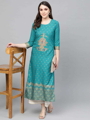 misfitsishan Women Printed Straight Kurta(Light Green)