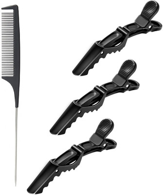 E-DUNIA Rat Tail Comb Black Carbon Styling Comb Steel Pin Rat Tail Carbon Fiber Heat Resistant Teasing Combs Barber Styling Combs with 3 Pieces Plastic Styling Hair Clips for Easy Styling