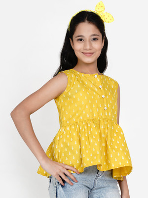 Bitiya By Bhama Girls Casual Cotton Blend Top(Yellow, Pack of 1)