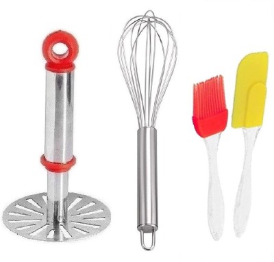 NOHUNT Stainless Steel Potato Vegetable Pav Bhaji Masher, With Stainless Steel Egg Whisk Egg Balloon Wire Whisk Milk Beater for Cooking, Baking, Blending, Beating, Kitchen Cooking Tool with Hanging Hook, And Silicone Spatula and Brush Set of 2 for Cake Mixer, Baking, Oiling, BBQ, Oven Tandoor Grilli