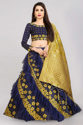 Divastri Floral Print Semi Stitched Lehenga Choli(Dark Blue, Yellow)