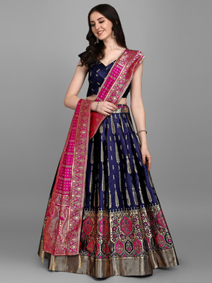 PURVAJA Printed Semi Stitched Lehenga Choli(Dark Blue)
