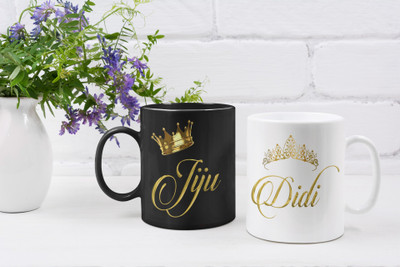 BlueBells Gifting Golden Text Printed Jiju and Didi (Black & White) Couple Ceramic Set | Gift for Anniversary, Marriage, Birthday for Jiju & Didi Ceramic Coffee Mug(325 ml, Pack of 2)