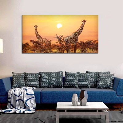 VIBECRAFTS Premium Wall Painting of Giraffes in Sunset for Home|Office|Gift(PTVCH_2217) Canvas 24 inch x 48 inch Painting(With Frame)