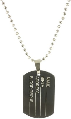 Uniqon Unisex Metal Fancy & Stylish Solid Army Military Theme (Black Color) Dog Tag Name Blood Group Address Birth Laser Engraved Sterling Blade Pendant Locket Necklace With Ball Chain Jewellery Set Black Silver Metal