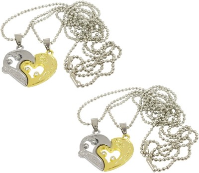 Uniqon (Set Of 2 Pcs) Valentine's Day Special Metal Stainless Steel Flower I Love You Diamond Nug Broken Heart Love Romantic Couple Golden & Silver Color 2 In 1 Beautiful Duo/Dual Locket Pendant Necklace With Chain For Boy's And Girl's Silver, Gold-plated Metal Pendant Set
