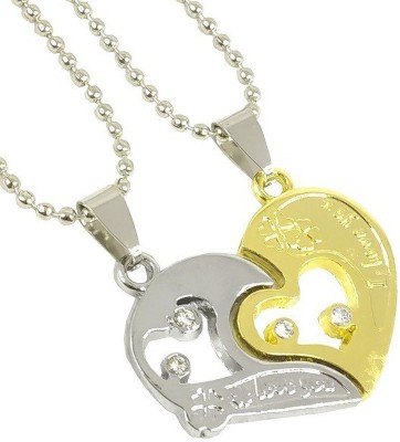 De-Ultimate Valentine's Day Special Metal Stainless Steel Flower I Love You Diamond Nug Broken Heart Romantic Love Couple Golden & Silver Color 2 In 1 Beautiful Dual/Duo Locket Pendant Necklace With Chain For Boy's And Girl's Gold-plated, Silver Metal Pendant Set