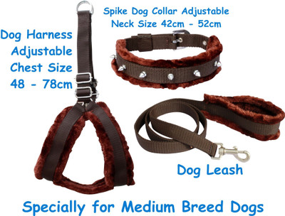 BODY BUILDING Dog Belt Combo of Spike Fur Padded BrownDog Harness with Dog Collar & Leash Specially for Medium Breeds Dog Harness & Leash(Medium, Brown Spike Fur Set)