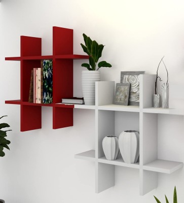 Amaze Shoppee Exclusive Designed Hashtag Floating Wall Mount Shelf Display Shelves Storage Organizer for Wall Decoration of Your Home, Living Room, Bed Room, Office Wooden Wall Shelf(Number of Shelves - 4, Red, White)
