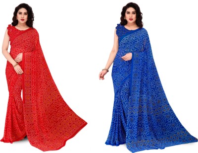 Madhur milan Printed, Geometric Print Bandhani Georgette Saree(Pack of 2, Red, Blue)