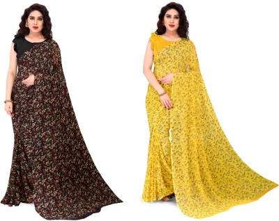 Madhur milan Printed, Floral Print Daily Wear Georgette Saree(Pack of 2, Black, Yellow)