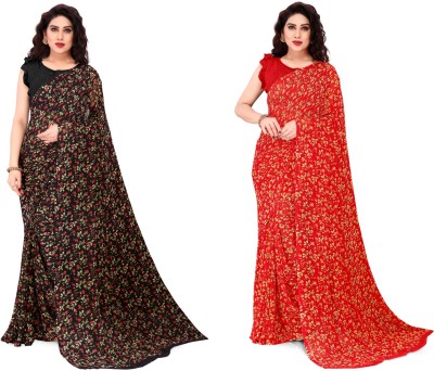 Madhur milan Floral Print Daily Wear Georgette Saree(Pack of 2, Red, Black)