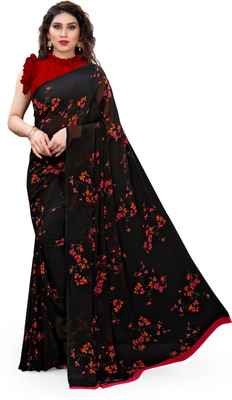 Madhur milan Floral Print Daily Wear Georgette Saree(Black)