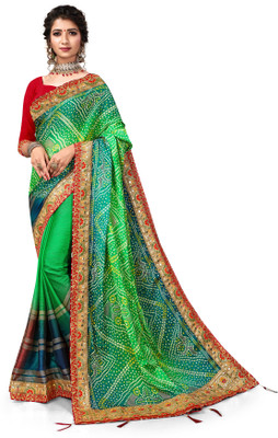 TINA FASHION Printed Bandhani Chiffon Saree(Green)