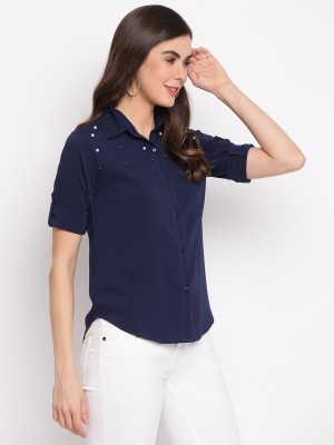 MAYRA Women Embellished Casual Dark Blue Shirt