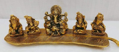 Ishu handi artistic Metal Musical Ganesha with Instrument Set of 5 on Leaf Decorative showpiece Ganpati Vastu Figurine II Table Decor/Shelves Decor/Room Decorations II Cardashboard II Nice Gift Ideal Decorative Showpiece  -  7 cm(Metal, Gold)