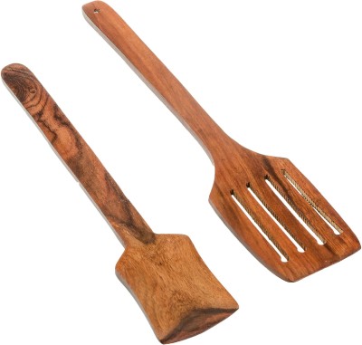NAU NIDH ENTERPRISES Handcrafted Wooden Slotted Turner & Solid Turner Spoon / Spatula/ Ladles pack of 2 Non-Stick Spatula(Pack of 2)