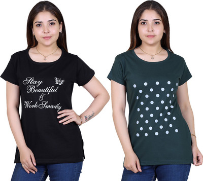 Ogarti Printed Women Round Neck Dark Green, Black T-Shirt